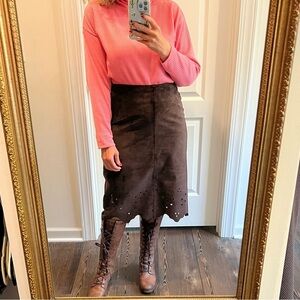 Brown Genuine Suede Leather Knee Length Lined Cutouts Skirt laser Size Medium